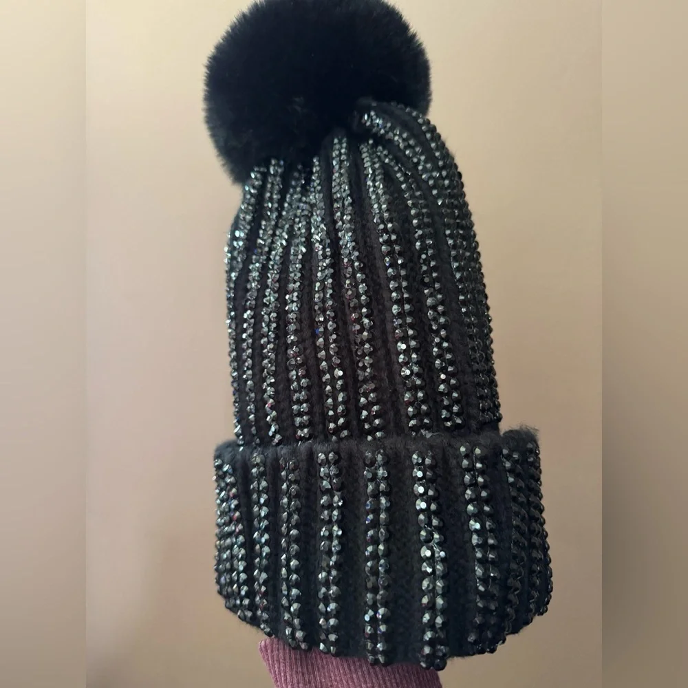 NWT Natasha Couture Black & Silver Embellished Beanie winter snow ski fashion